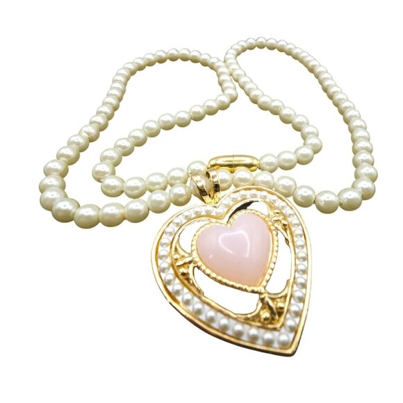Victorian Heart Necklace 19" Faux Pearl Pink Heart Pendant Vintage 1987 Avon - Picture 8 of 10